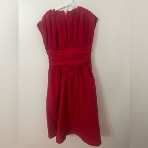 Classic Red Ruched Waist Cap-Sleeve Dress